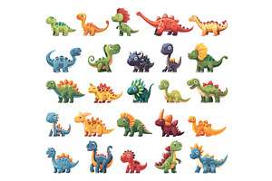 Cartoon Cute Tiny Dinosaurs Icon Set