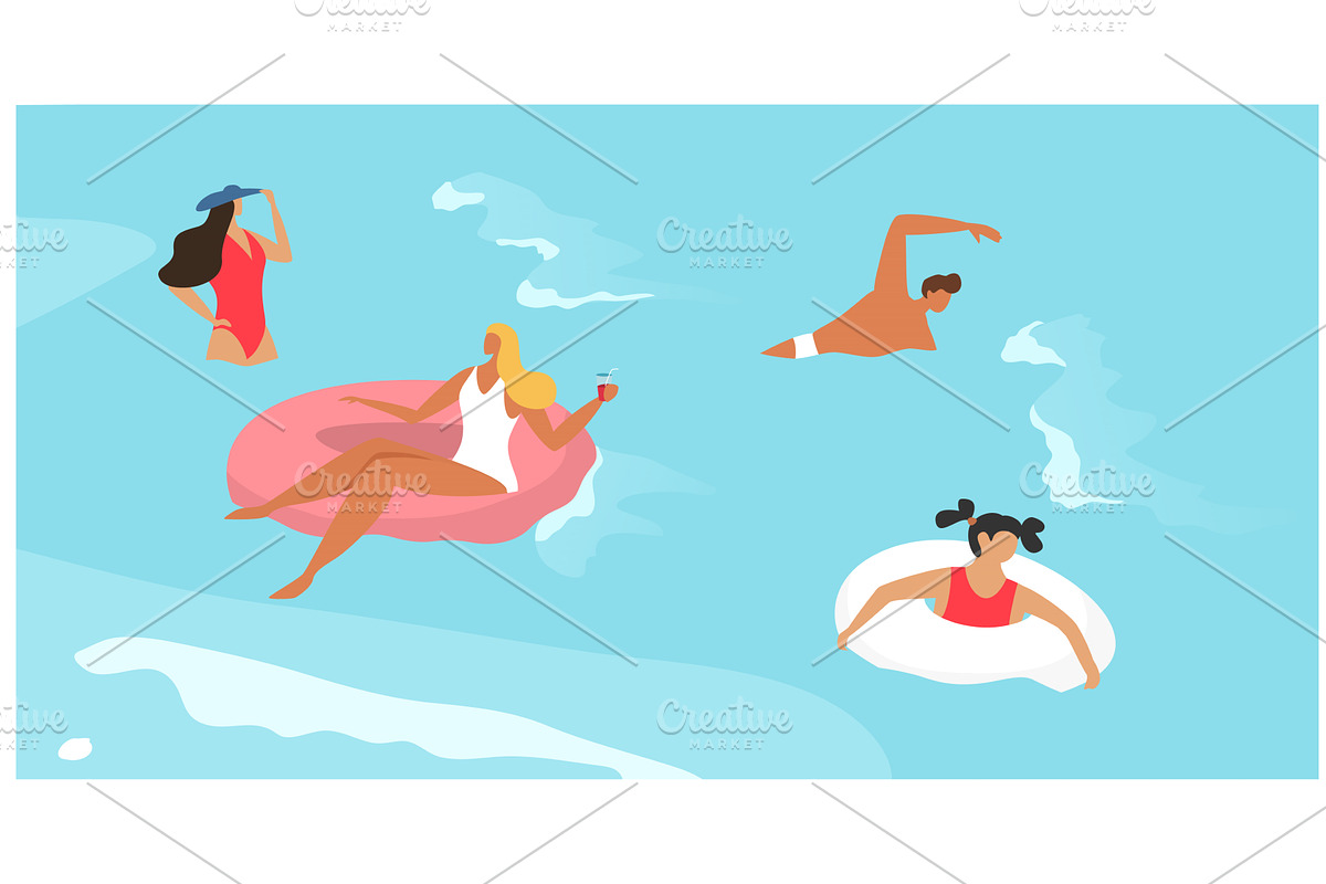 Women relaxing on floaties in a pool, a Sport Illustration by VectorsBang