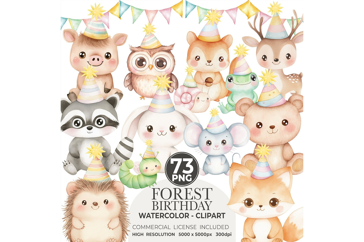 Forest Birthday Watercolor Clipart, an Illustration by CharmClipart (Photo 1 of 8)