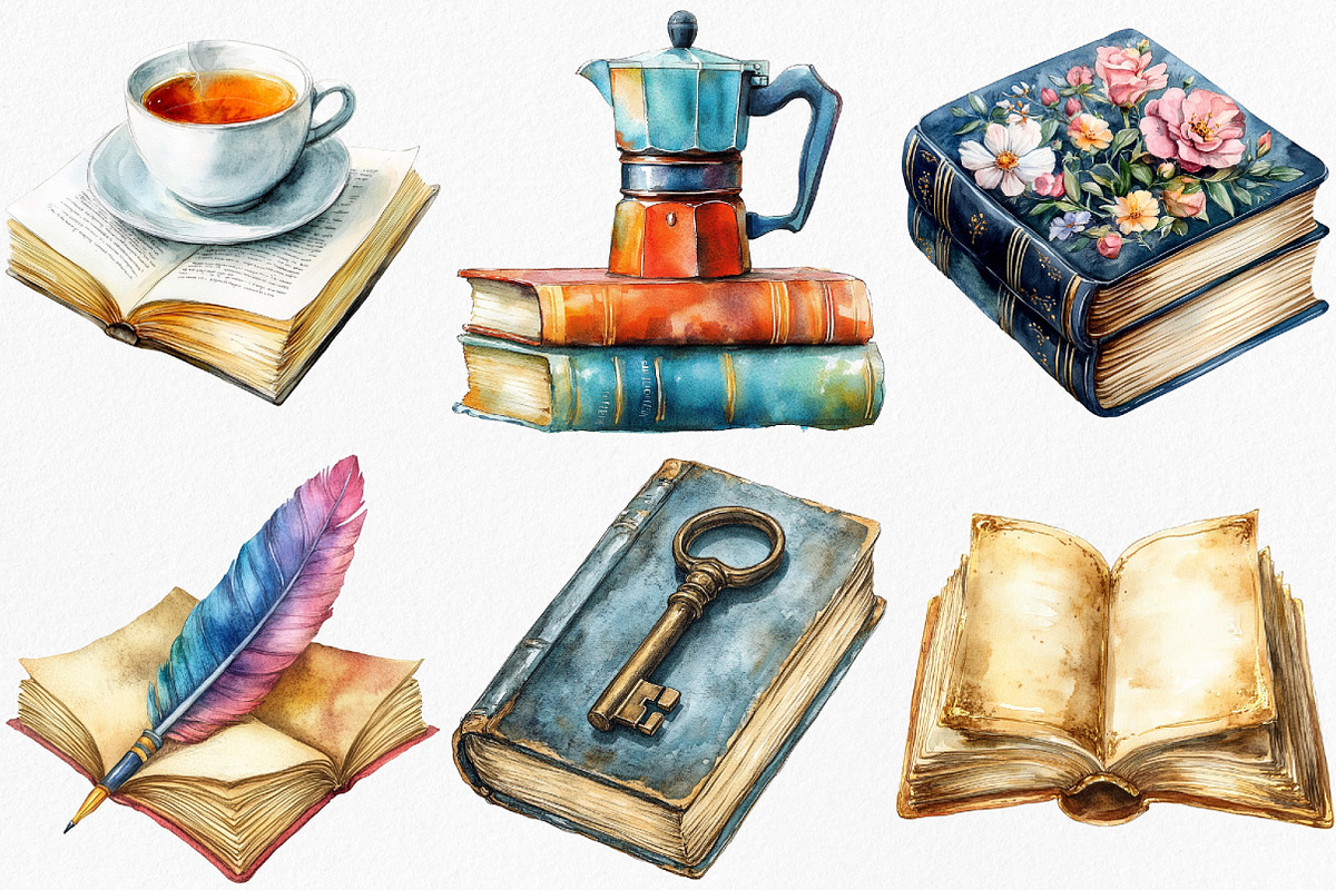 Watercolor Book Lover Clipart Bundle, an Illustration by Canvas Craft (Photo 2 of 9)