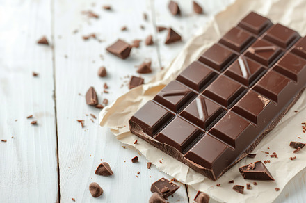 Milk chocolate bar on wooden background, a Food & Drink Photo by AlyaAnd