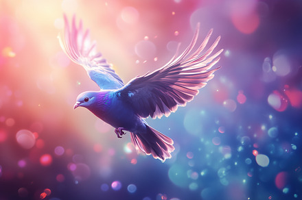 A vibrant bird in flight, showcasing colorful feathers against a dreamy, bokeh, an Animal Photo by Textures & Backgrounds