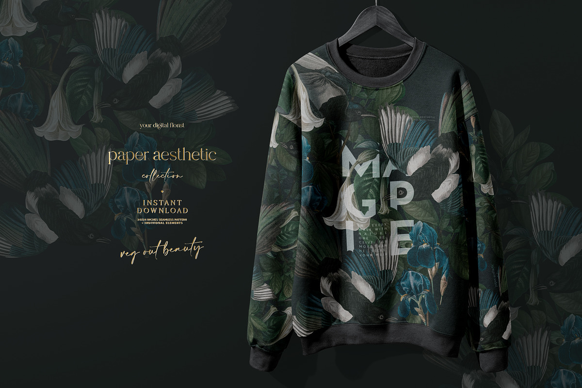 Magpie Birds Floral Pattern, a Pattern Graphic by paper aesthetic (Photo 5 of 9)