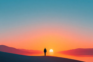 Figure standing on a hillside under a vibrant sunset over tranquil waters, a Photo by AlyaAnd
