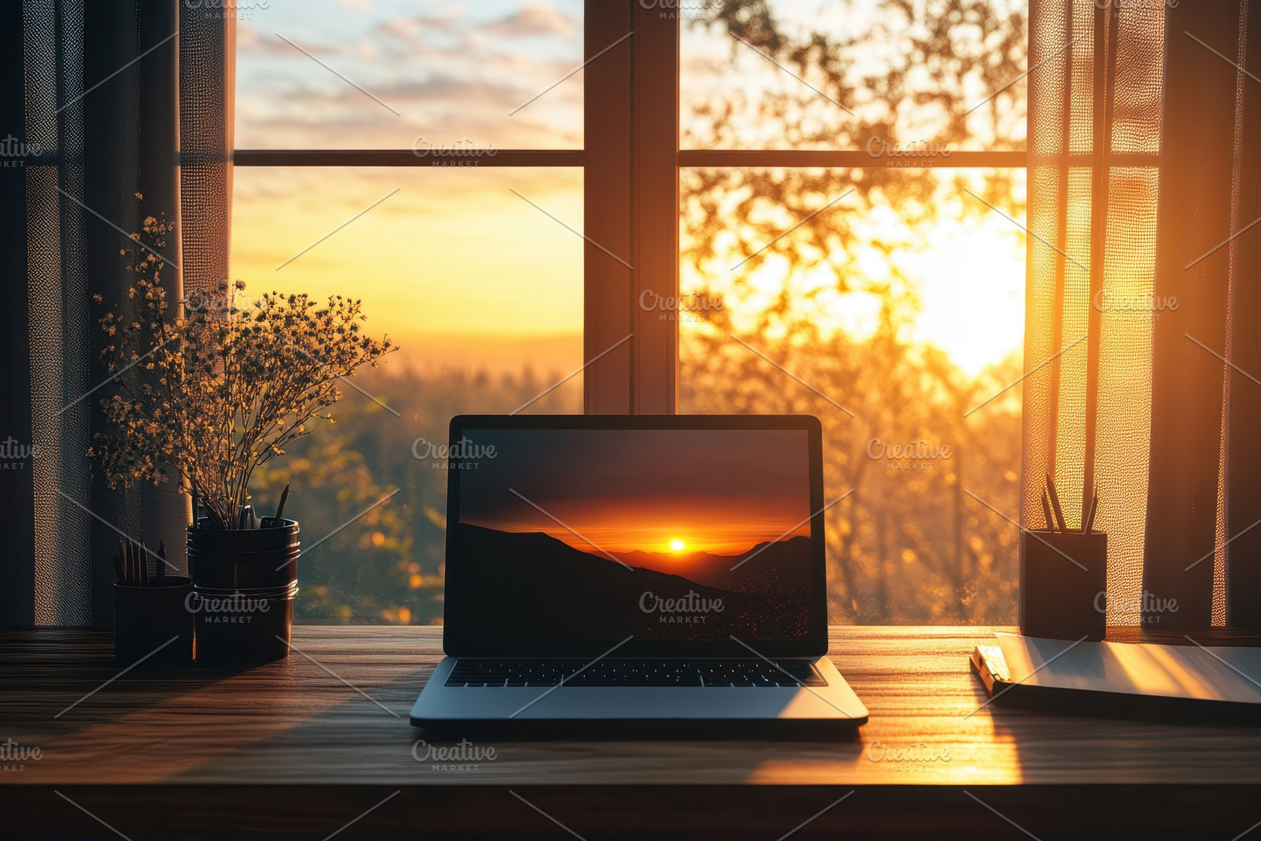 Laptop on wooden desk with serene su, a Photo by Iftikhar Alam