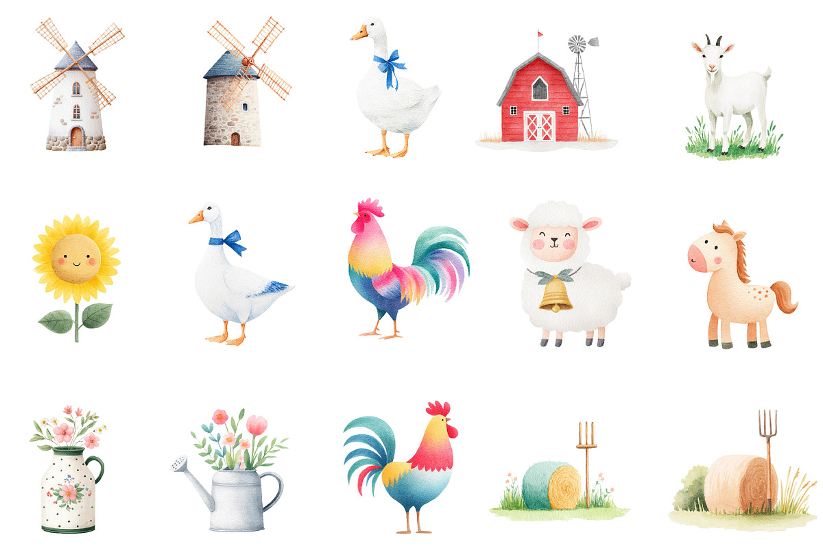 Watercolor cute farm clipart, an Illustration by Designworld (Photo 2 of 5)