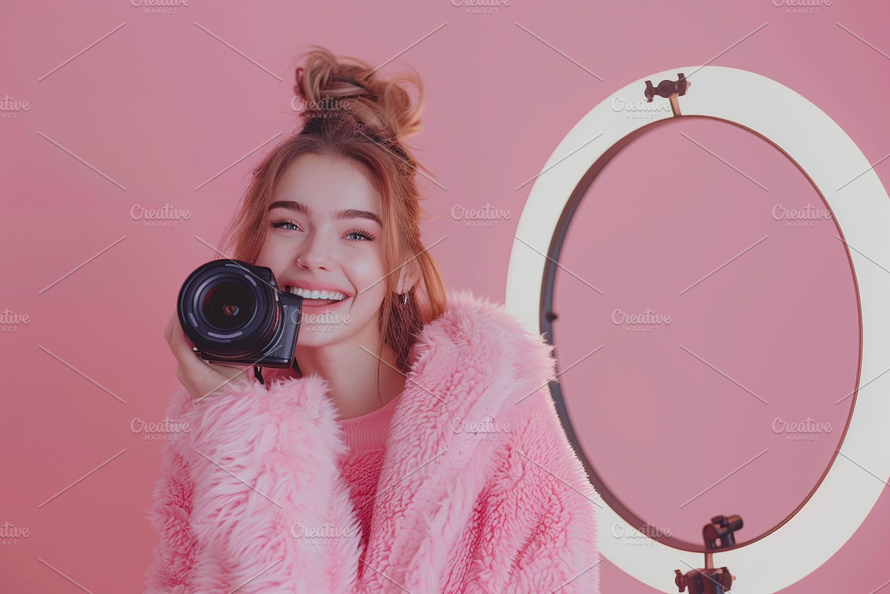 Beautiful blogger using selfie ring light and camera on pink bac, a Person Photo by AlyaAnd