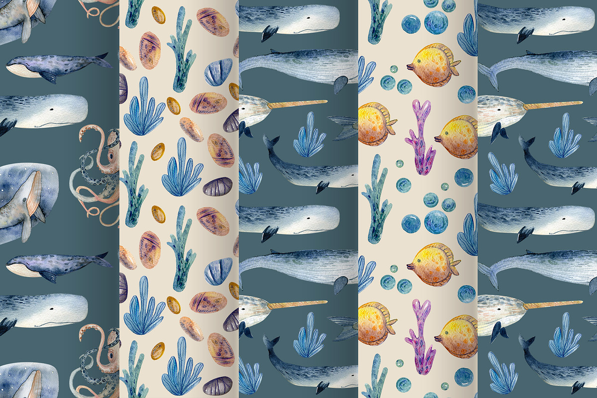 Watercolor Whales & Patterns, an Animal Illustration by annasokol_ (Photo 6 of 6)