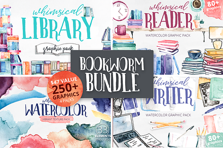 Whimsical Bookworm Watercolor Bundle, a Technology Illustration by plaidGecko