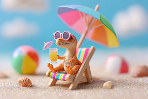 Lifelike cartoonish Velociraptor enjoying a tropical beach day with a refreshin, a Photo by AlyaAnd