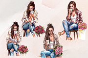 8 Watercolor Coffee Fashion Girl PNG, a Decorative Illustration by Jalina Clipart Studio (Thumbnail 4 of 7)