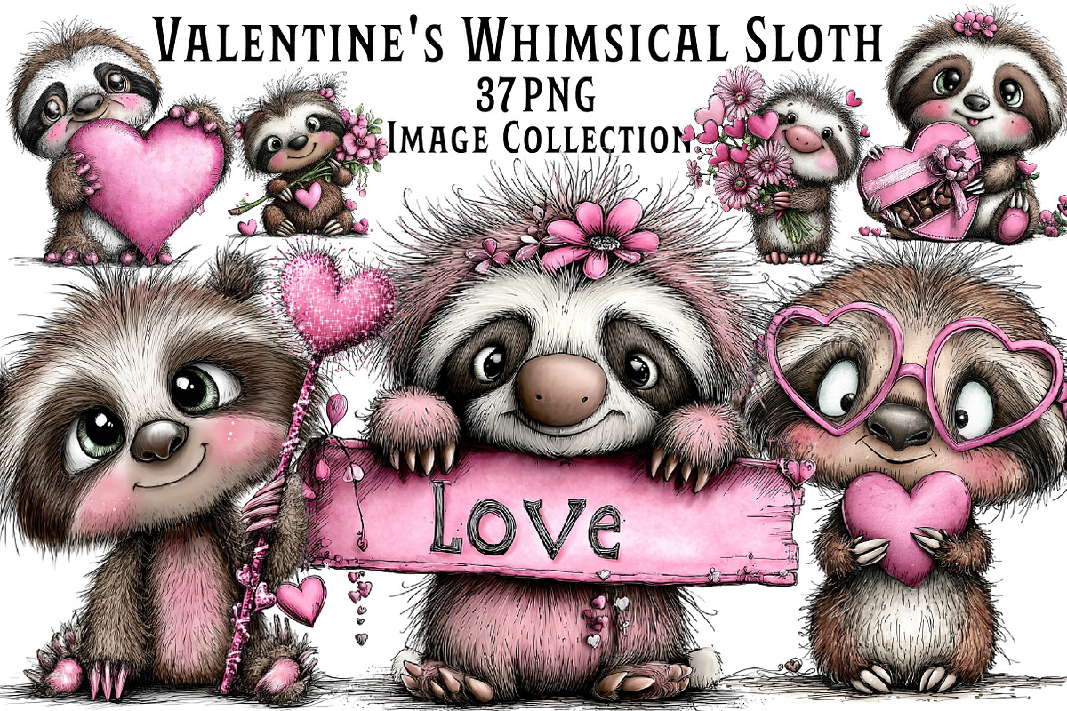 Valentine's Whimsical Sloth Clipart, an Illustration by Dream Creation (Photo 1 of 8)