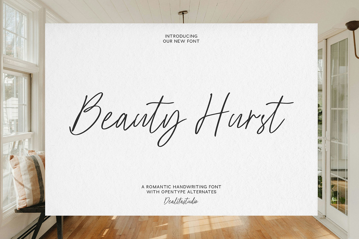 Beauty Hurst | Elegant Script font, a Script Font by dealitastudio (Photo 1 of 12)