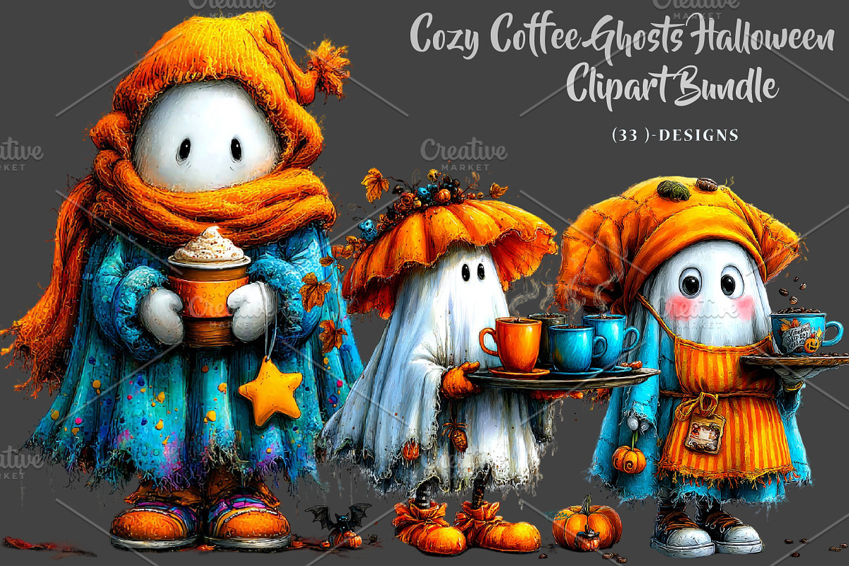 Cozy Coffee Ghosts Halloween, a Seasonal Illustration by CreationArt (Photo 1 of 5)