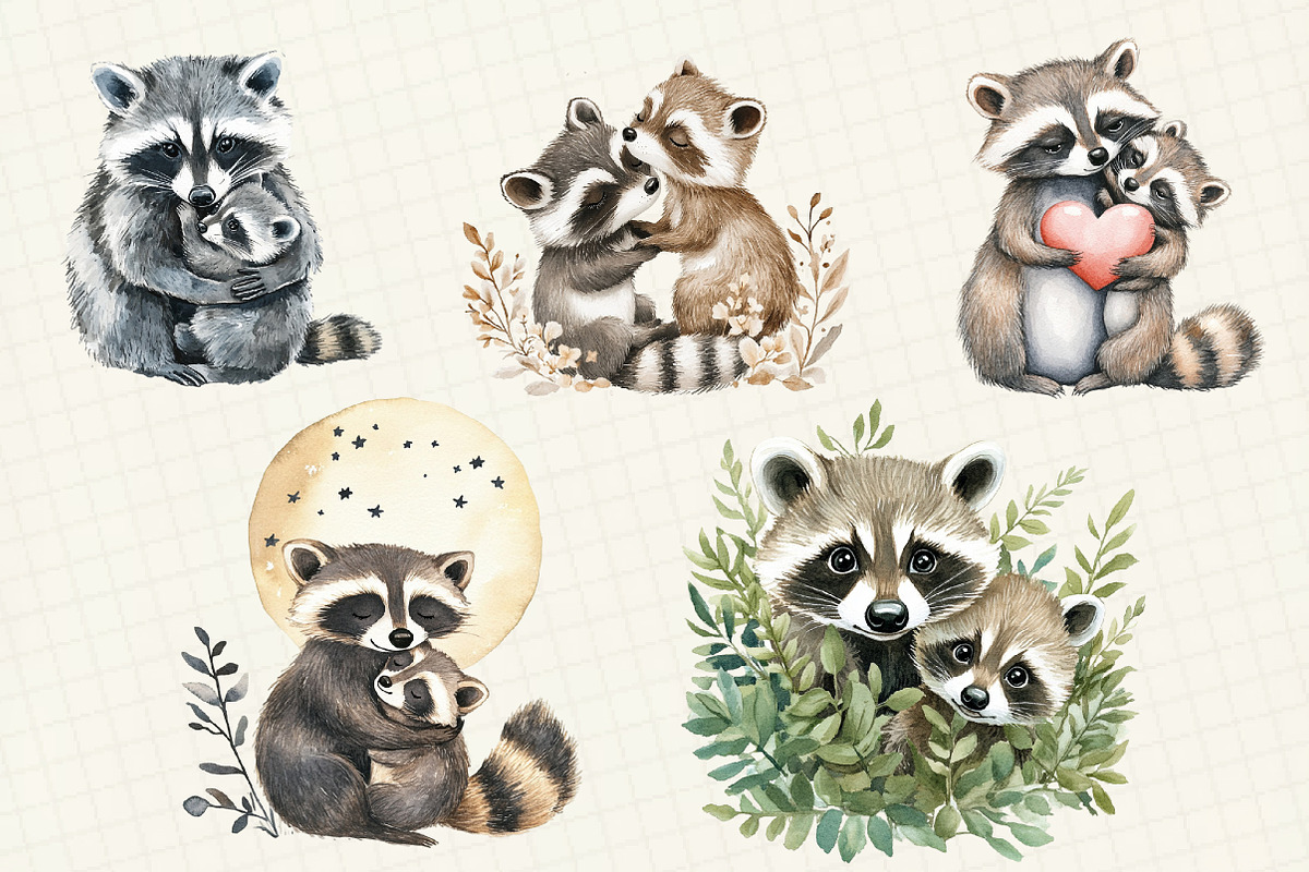 Watercolor Raccoon & Kit Clipart, an Illustration by OK Design (Photo 4 of 5)