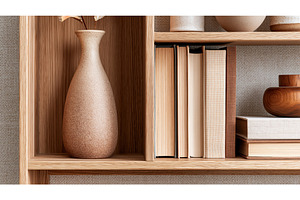 Ceramic vase on wooden shelf with, an Arts & Entertainment Photo by Lermont51