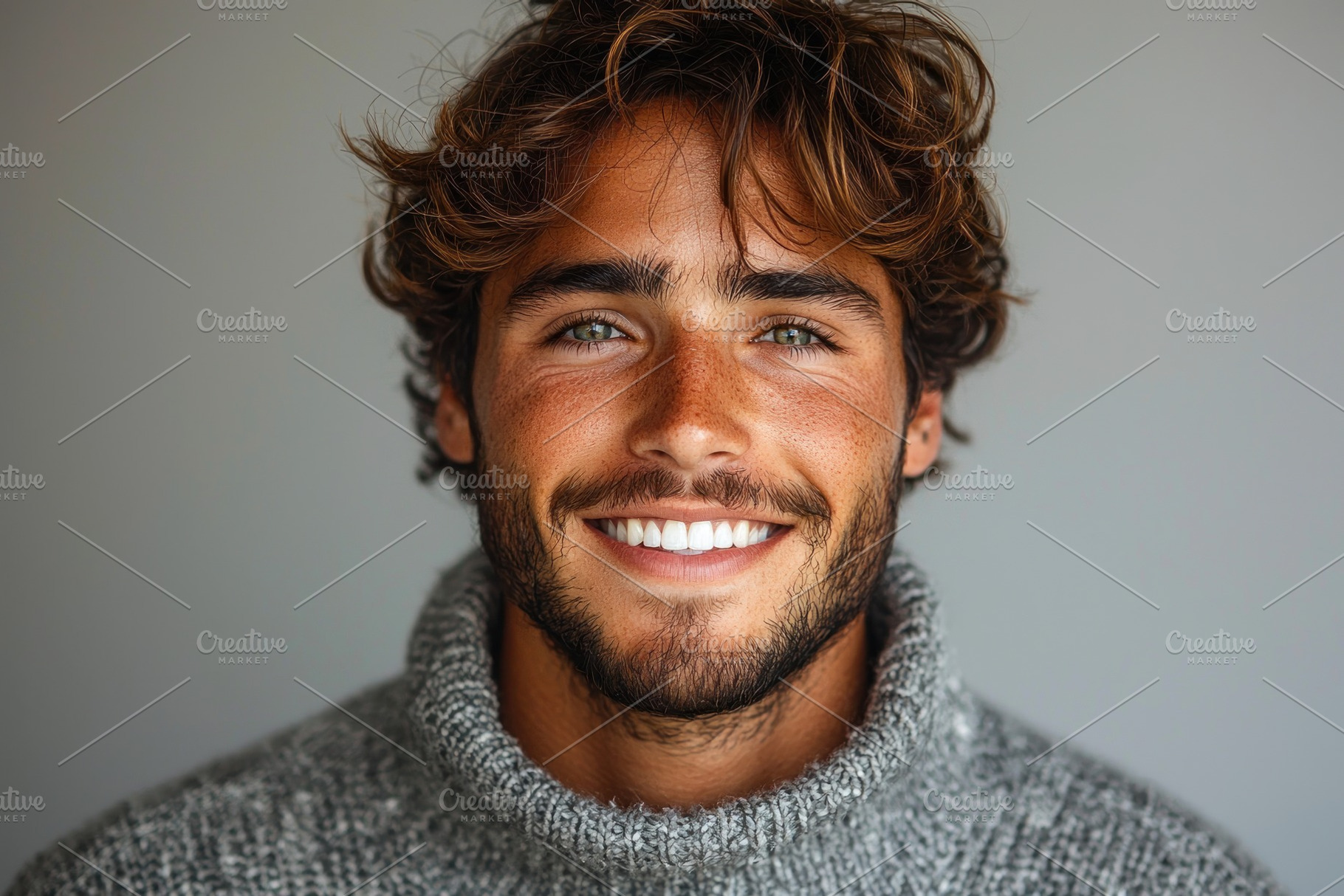 Smiling young man with tousled hair wearing gray knit sweater lo, a Person Photo by José Manuel Gelpi
