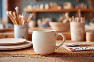 Blank mug design rests on wooden shelf in an arts and crafts workshop setting, a Food & Drink Photo by AlyaAnd