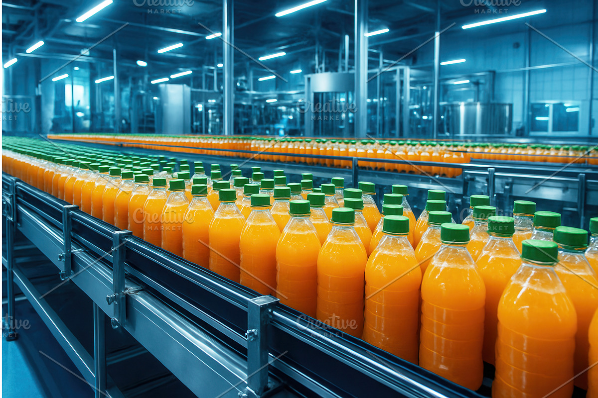 Rows of orange juice bottles with, an Illustration by Sergey Kotenev