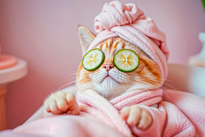 Happy domestic cat relaxing in a spa, an Animal Photo by TatsianaSalauyova