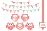 Mint & Coral Owl Clipart & Papers, an Animal Illustration by Amanda Ilkov (Thumbnail 2 of 3)