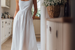 Woman wearing white linen sundress in rustic home kitchen, hands, a Photo by Studio ANNA
