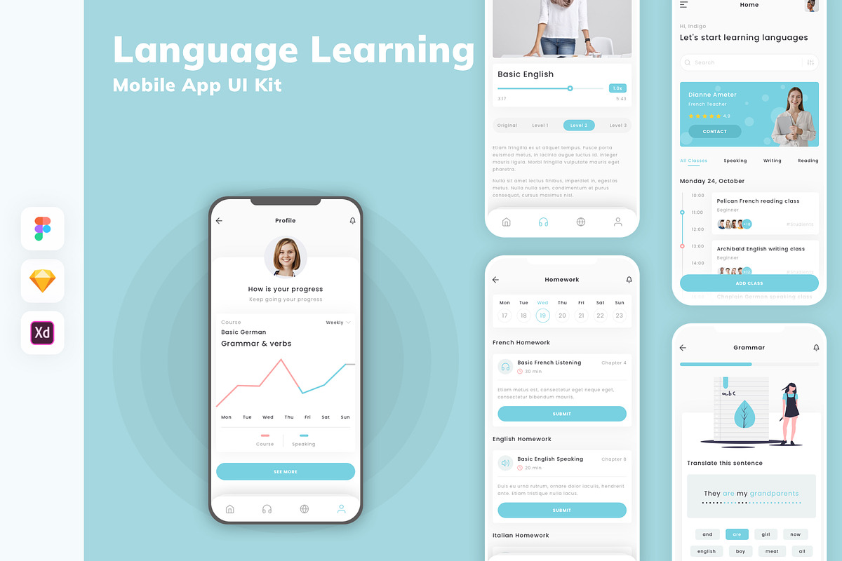 Language Learning Mobile App UI Kit, an UI Kit Template by uicube