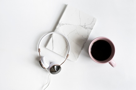 Desktop Flatlay, Headset & Coffee, a Business Photo by Her Creative Studio
