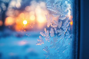 Frost patterns on a window with suns, a Photo by Tanuart