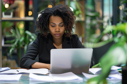 A young woman sits at a desk covered, a Photo by Tanuart