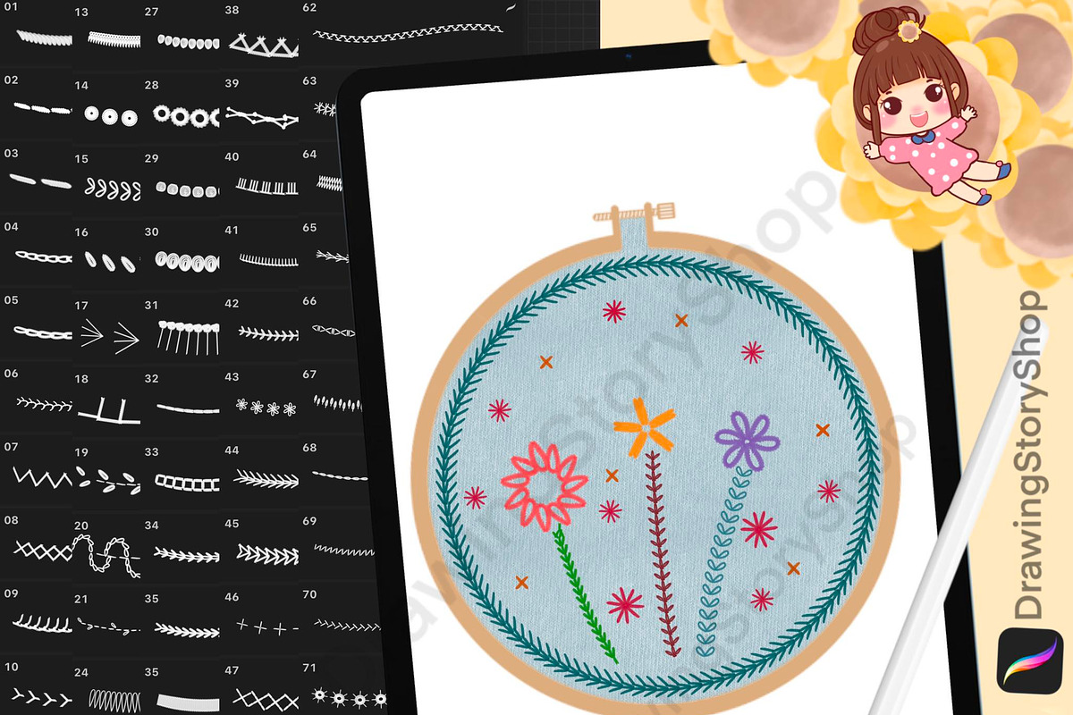 150 Procreate Embroidery Brushes, a Brush Add-On by DrawingStoryShop (Photo 1 of 8)