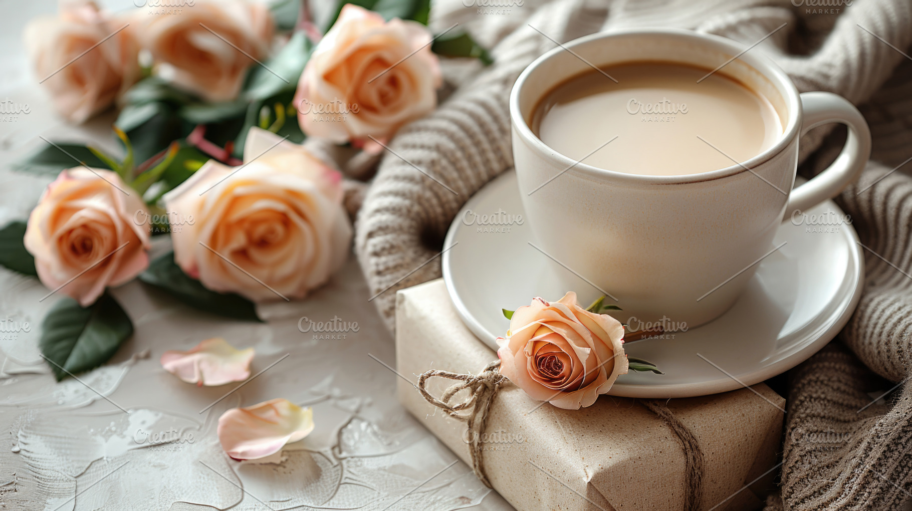Cozy coffee cup with roses and gift box warm romantic scene, a Holiday Photo by José Manuel Gelpi