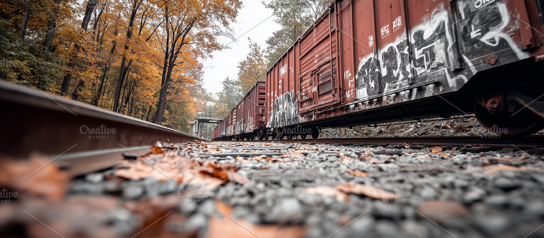 Graffiti-covered freight train along, a Transportation Photo by MistyDay