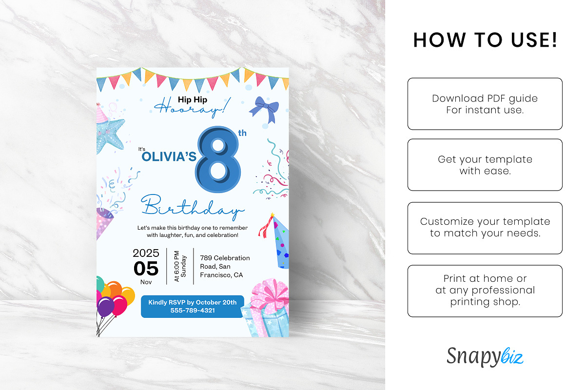 8th Birthday Invitation Canva Temp, an Invitation Template by Snapybiz (Photo 4 of 10)
