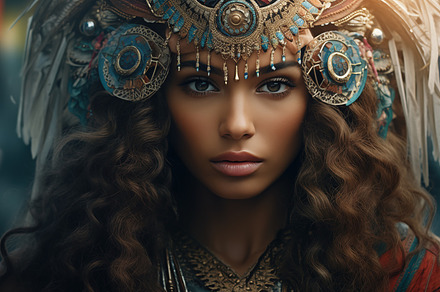 A close-up portrait of a bohemian woman wearing an elaborate headdress adorned, a Beauty & Fashion Photo by Textures & Backgrounds