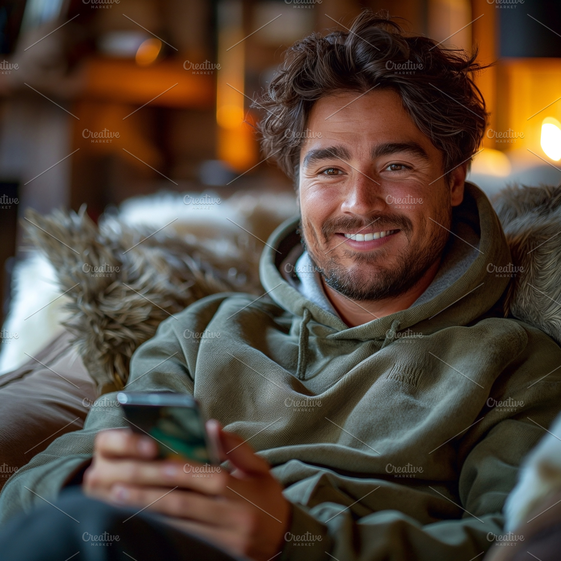 A smiling Caucasian man relaxes in a cozy setting, holding a smartphone and wea, a Person Photo by ImageMir