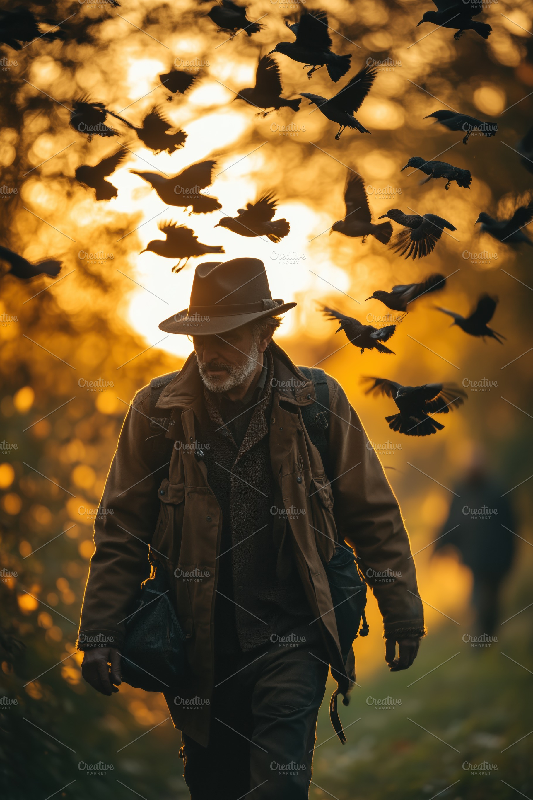 A ornithologist man in a hat walks through a forest at sunset, surrounded by fl, a Person Photo by Textures & Backgrounds