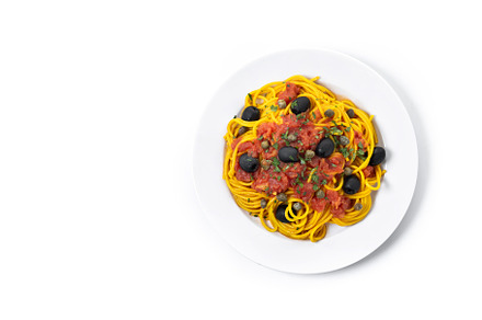 Italian Pasta puttanesca with tomato sauce, capers, and black olives., a Food & Drink Photo by etorres69