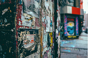 Old wall covered with torn posters, a Background Photo by Ylivdesign