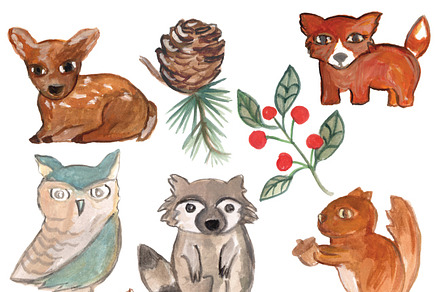 Watercolor Woodland Animals & Flora