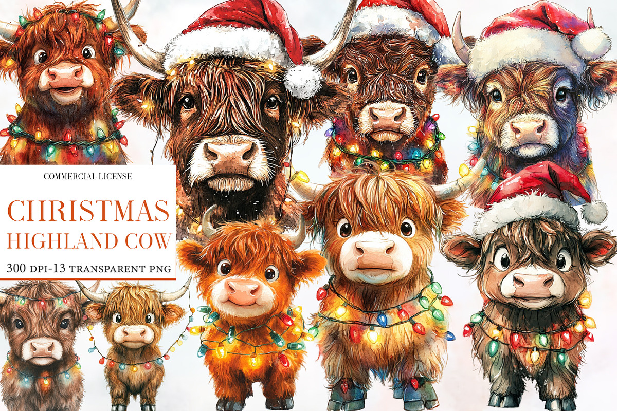 Christmas Highland Cow Clipart, an Illustration by Designworld (Photo 1 of 5)