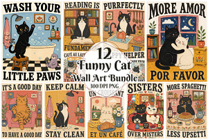 Funny Cat Wall Art Bundle PNG, a Seasonal Illustration by OK Design