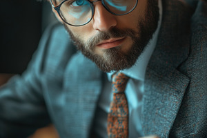 A focused businessman accountant in a suit, wearing glasses, analyzing charts a, a Person Photo by Textures & Backgrounds