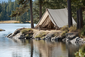 Glamping canvas tent on rocky lake, a Nature Photo by MistyDay