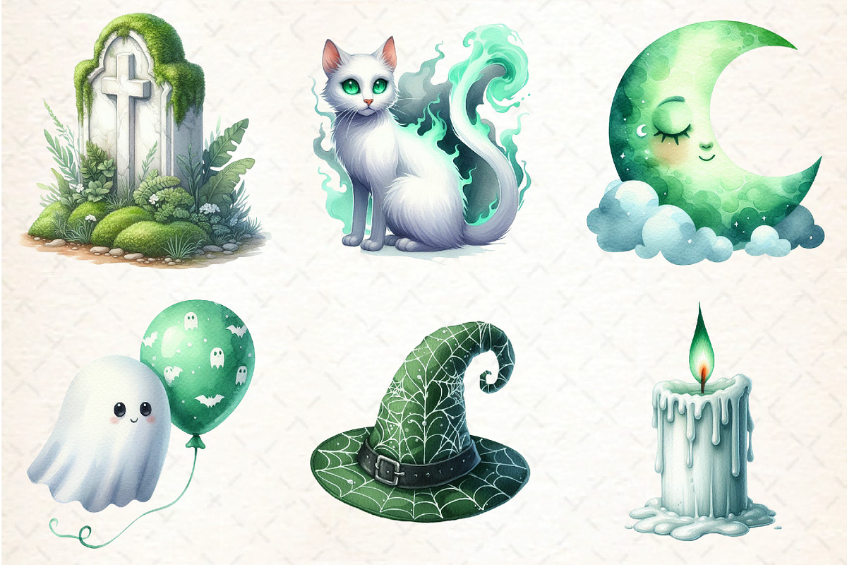 Green & White Halloween Clipart, an Illustration by DreamCafeArt (Photo 4 of 7)