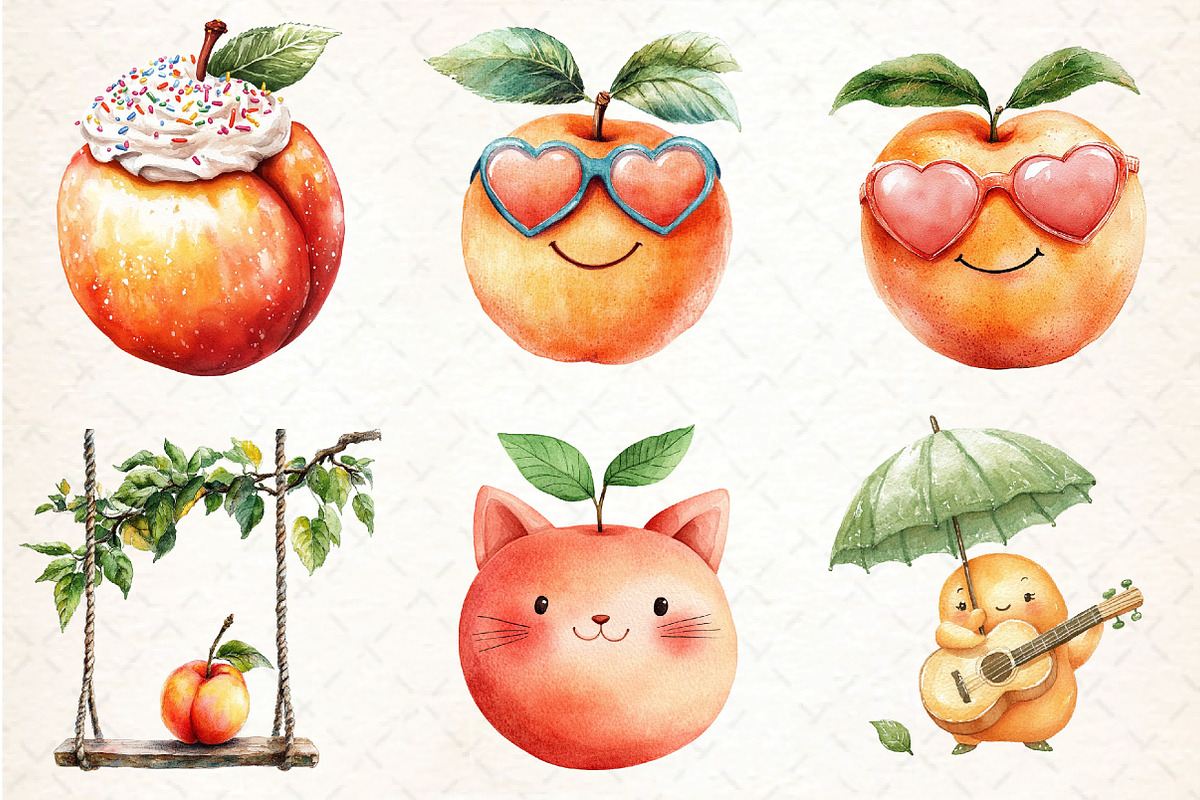 Watercolor Cute Peaches Garden Fruit, an Illustration by DreamCafeArt (Photo 3 of 8)