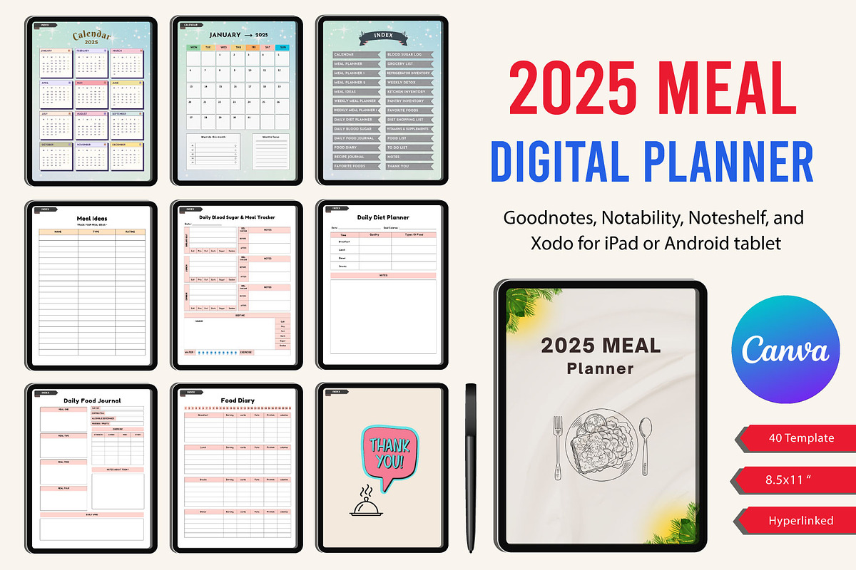 Digital 2025 Meal Planner Canva, a Stationery Template by Designmela01 (Photo 1 of 9)