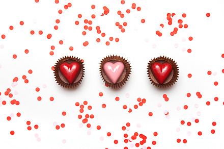 Flatlay with hearts & confetti stock photo containing anniversary and ad, a Holiday Photo by KateAedon