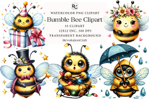 Watercolor Bumble Bee Clipart, an Illustration by OK Design