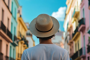 Man wearing a straw hat walking through a vibrant street in a colorful town, a Person Photo by AlyaAnd